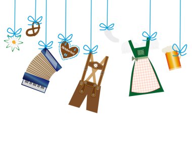 octoberfest background, lederhosen, dirndl, accordion, edelweiss icons hanging on blue line clipart