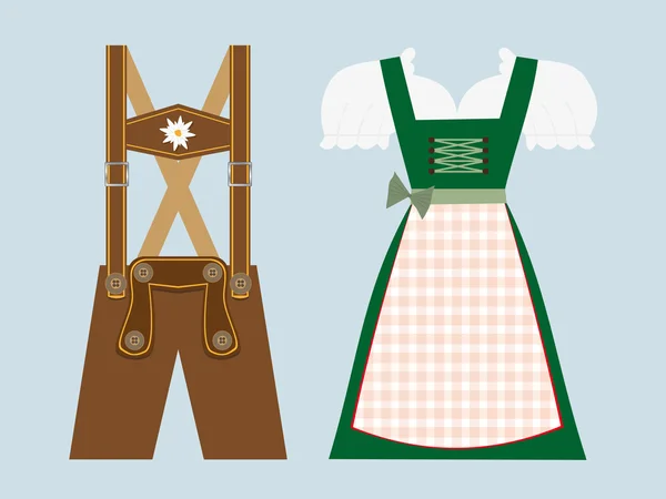 Lederhosen y dirndl vector, tradición bavariana oktoberfest ropa — Vector de stock