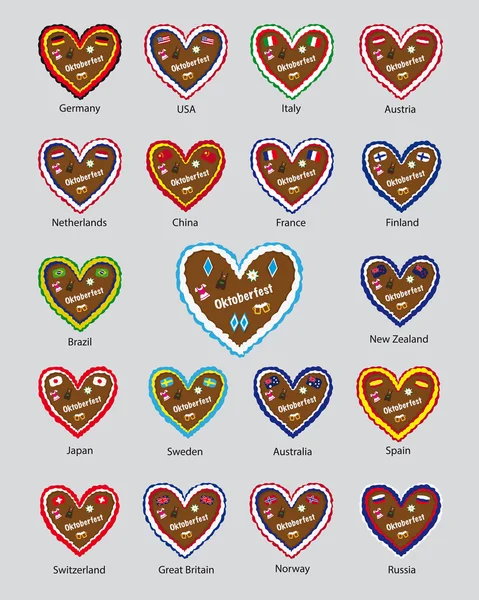 Tradicional bavariana octoberfest corazones de jengibre, diseño de la bandera, la mayoría de los países visitantes — Vector de stock