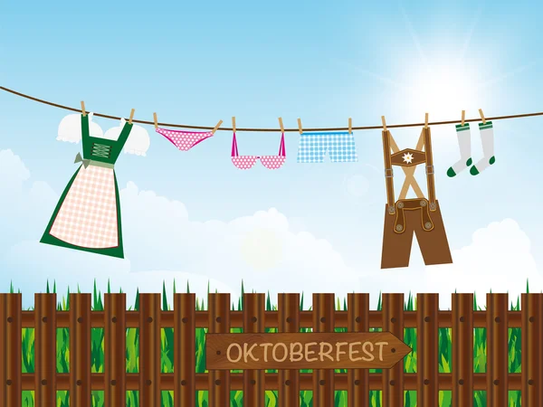 Oktoberfest fondo, lederhosen, dirndl, bragas, lencería colgando en la línea de ropa al aire libre, tablero de destino en valla de jardín de madera — Vector de stock