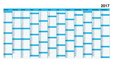 temel takvim 2017 basit tasarımı, Pazar günleri için mavi kutu