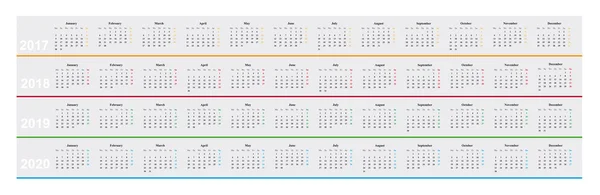 Calendario de diseño simple, años 2017, 2018, 2019, 2020, meses paralelos, años entre — Archivo Imágenes Vectoriales