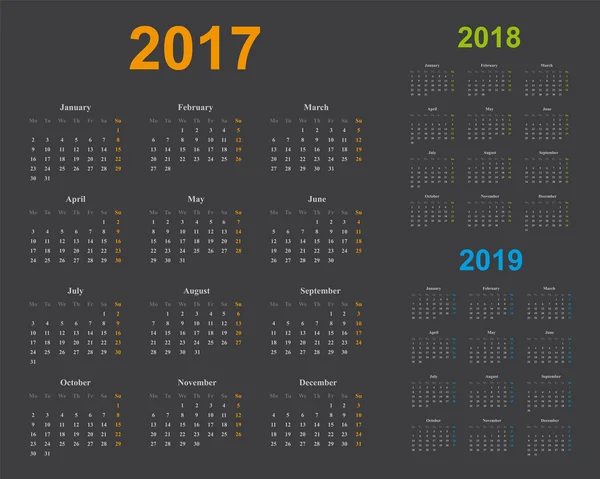 Diseño del calendario básico, años 2017, 2018, 2019, fondo gris, domingos y años marcados con naranja, verde, azul — Archivo Imágenes Vectoriales