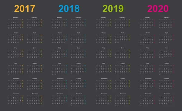 Projekt nowoczesnego kalendarza, lata 2017, 2018, 2019 i 2020, szare tło, — Wektor stockowy