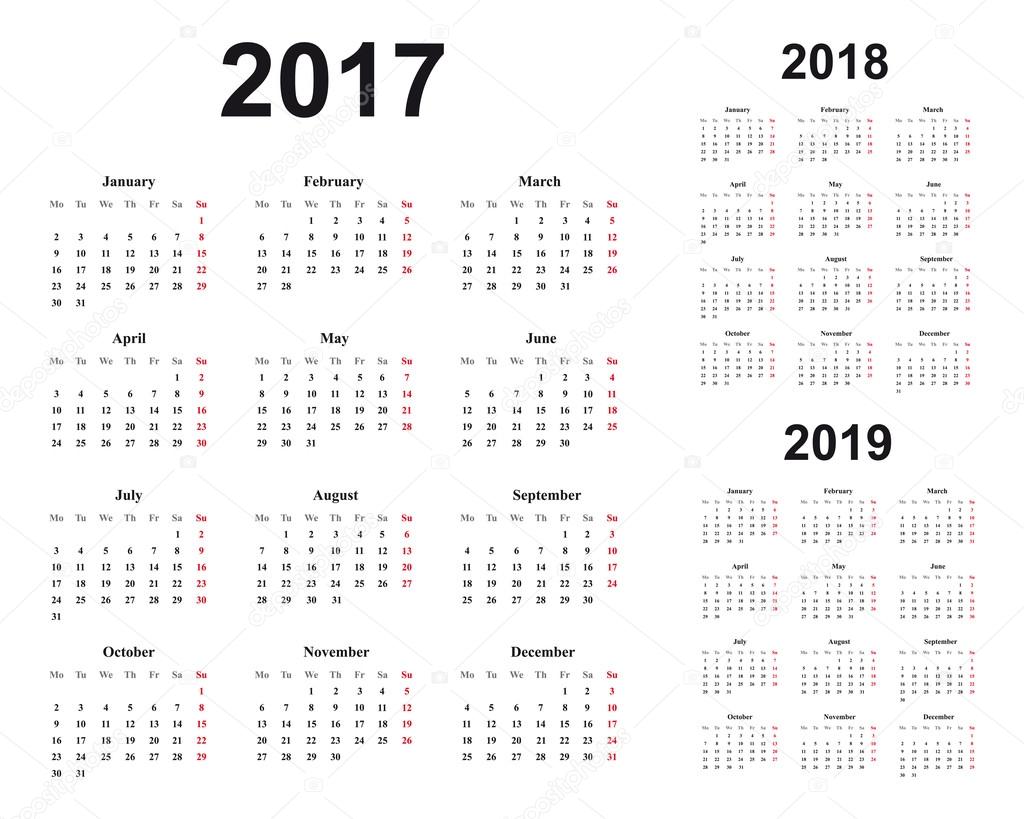 Samenwerking bezoek gokken Basic calendar design, years 2017, 2018, 2019, sundays marked red Stock  Vector by ©madorf #120378172