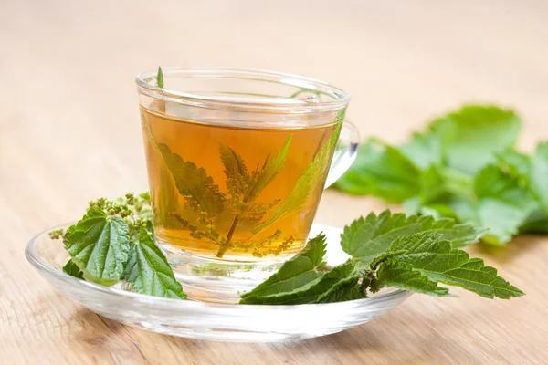 Hot nettle tea with stinging nettle inside teacup on a wooden floor — Stock Photo, Image