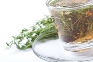 cam, beyaz arka plan, izole sağlıklı, kekik çayı,