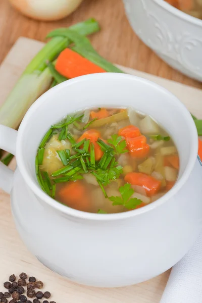 Supă de legume calde în castron de supă albă, condimente proaspete, morcovi, ceapă, usturoi, fasole — Fotografie, imagine de stoc