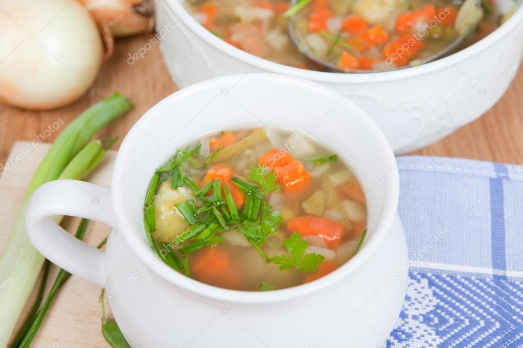 Vegetable soup in white soup bowl, garden vegetables, carrot, onion, garlic, spices, — Stock