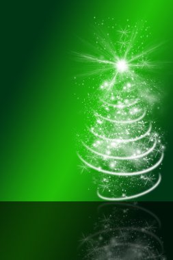 Yeşil Noel kartı arka plan, beyaz Noel ağacı, yıldız, ışıklar