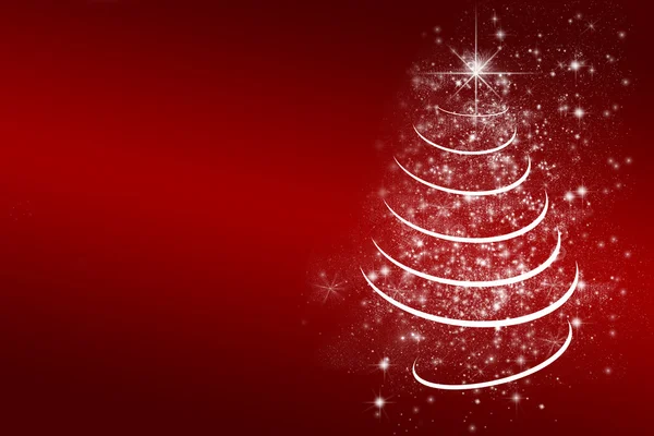 Weihnachtskarte mit rotem Hintergrund, weißer Weihnachtsbaum mit Sternen und Lichtern, — Stockfoto