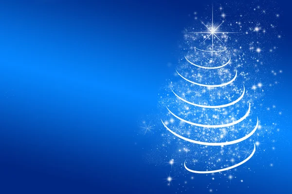 Beyaz Noel ağacı, yıldız, ışıklar, tebrik kartı, kendi metin için yer ile mavi arka plan