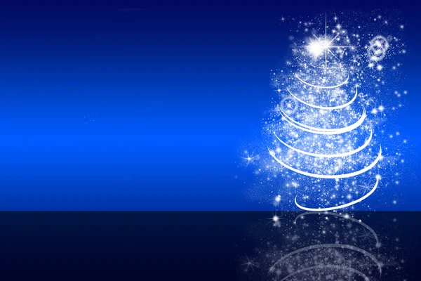 Blue christmas background with white christmas tree, stars, lights, reflection, — Stock Photo, Image