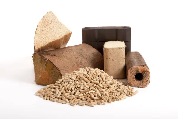 Fossil fuels on white background, firewood, wooden, briquettes and pellets, coal, — Stock Photo, Image