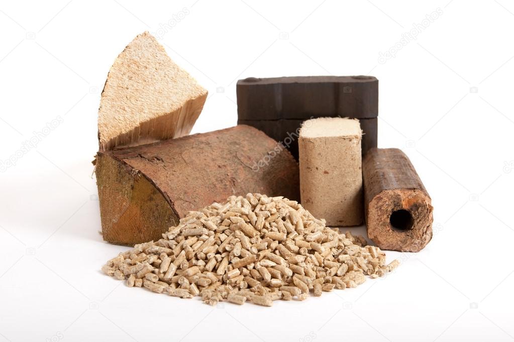 Fossil fuels on white background, firewood, wooden, briquettes and pellets, coal,