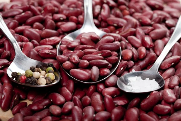 Silver spoons with salt, pepper and red kidney beans — Stock Photo, Image