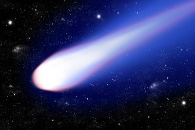 Shiny comet with blue tail on starry background