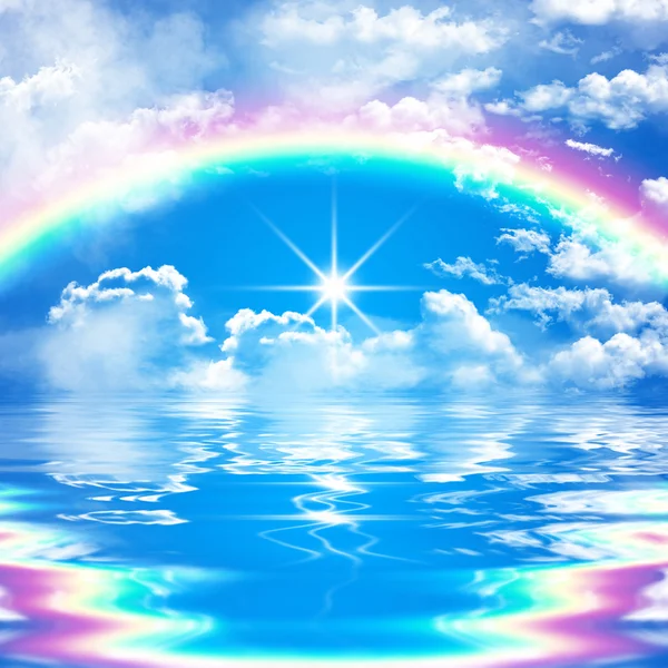 Impressive seascape illustration with rainbow on cloudy sky, bright sunshine, water with reflection and waves