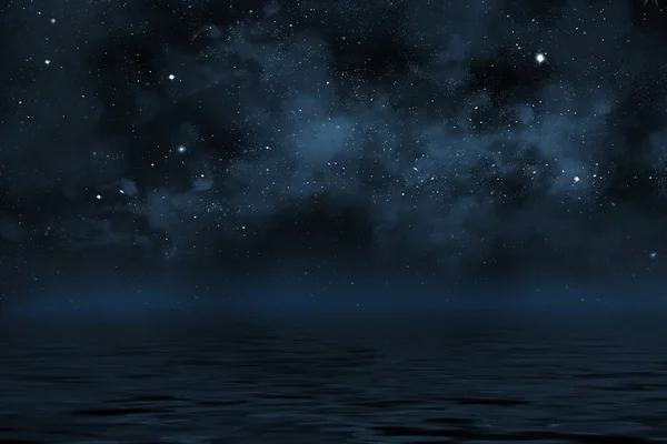 Night sky background with stars and nebula over water with waves and reflection