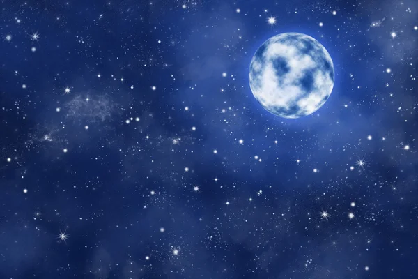 Pleine lune lumineuse sur fond de ciel étoilé nocturne, avec nébuleuse bleue — Photo