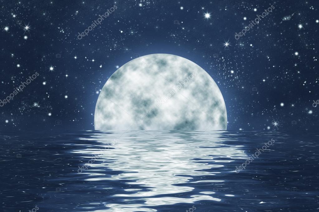 Pictures: moonset | Full moon in water with reflection, starry night