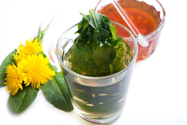 Té de hierbas con hojas de diente de león en taza de té, miel y flores sobre fondo blanco , — Foto de Stock