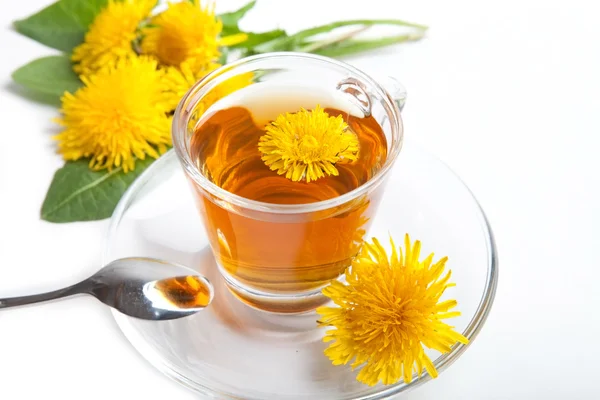 Té de diente de león saludable con flor amarilla en taza de té, fondo blanco, aislado — Foto de Stock