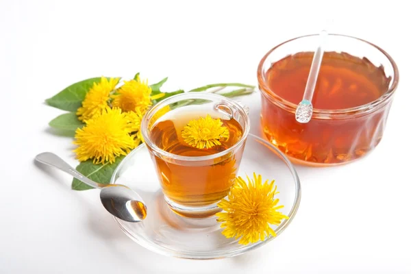 Dandelion honey and herbal tea on white background, — Stock Photo, Image