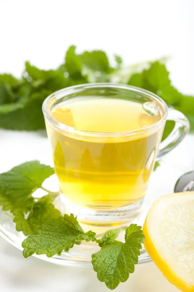 Green tea with lemon balm and fresh leaf on white background — Stock Photo, Image