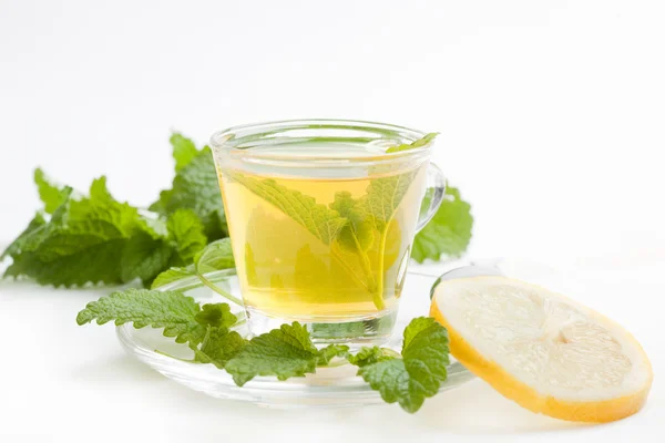 Melissa tea with fresh herb in tea cup, lemon balm leaf and sliced lemon — Stock Photo, Image