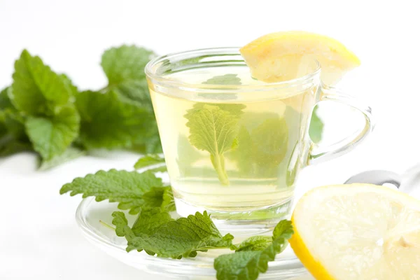 Té de hierbas con viga de limón, limón en rodajas y hoja de melisa fresca, fondo blanco —  Fotos de Stock