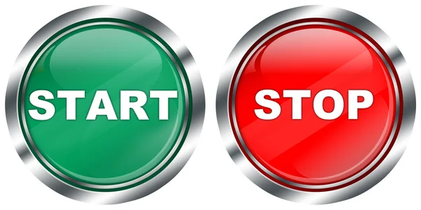 Início verde e botão de parada vermelho com borda metálica — Fotografia de Stock