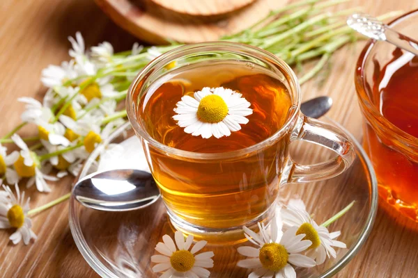 Tè di camomilla con fiori freschi in tazza da tè, miele e piante su pavimenti in legno — Foto Stock