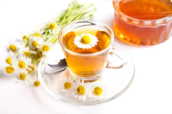 Chá de camomila com erva fresca em xícara de chá e mel no fundo branco — Fotografia de Stock