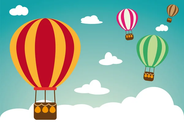 Cartão de saudação vetorial retro com balões de ar quente no céu azul com nuvens — Vetor de Stock
