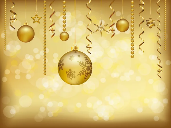 Elegante tarjeta de felicitación de Navidad con decoración de Navidad de oro sobre fondo borroso — Vector de stock