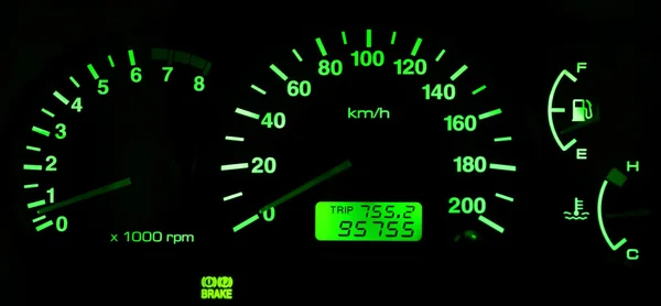 Horizontal isolated green car speedometer no fuel panel backgrou — Stock Photo, Image