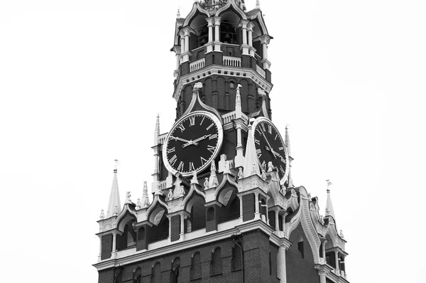 Preto e branco Moscou Kremlin torre com relógios closeup fundo — Fotografia de Stock