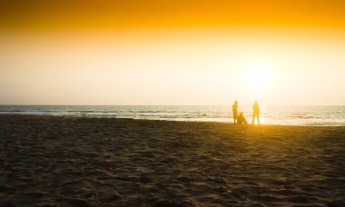Üç arkadaş günbatımı okyanus plaj zemin üzerine Toplantı