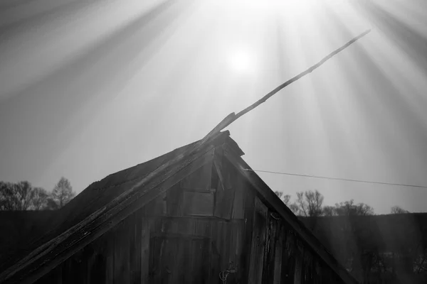 Vintage russian cabin with tv antenna light leaks backdrop — Stock Photo, Image