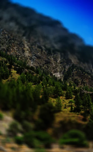 Vertical vivid summer toy mountain landscape bokeh background — Stock Photo, Image