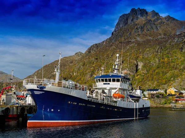 Horizontal vívido Noruega barco fiordo montaña paisaje fondo —  Fotos de Stock