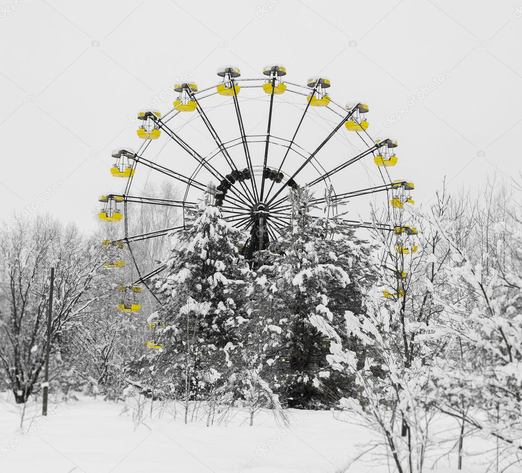 Square radioactive ferris wheel in Prypiat background backdrop