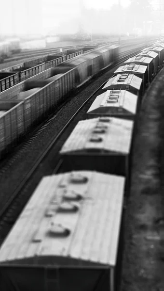 Verticale in bianco e nero giocattolo treno scaglione bokeh sfondo — Foto Stock