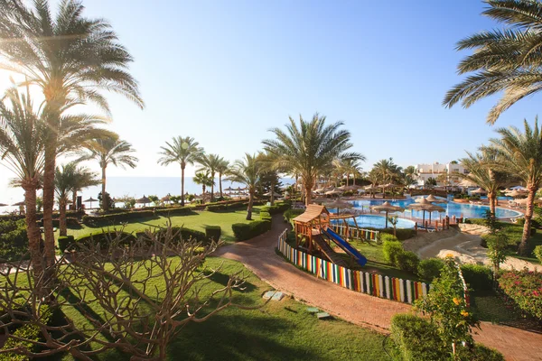 Beach resort in tropics with palms and water — Stock Photo, Image