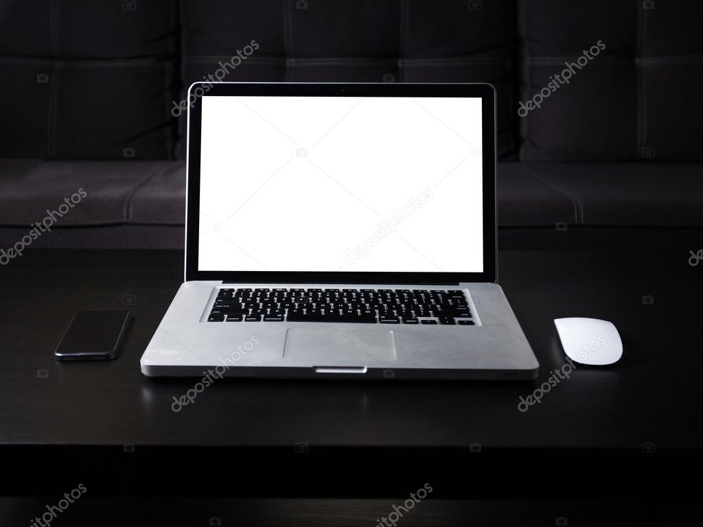 Open Laptop With Isolated Screen On Dark Wooden Desk Stock Photo Open Laptop With Isolated Screen On Dark Wooden Desk Stock Photo