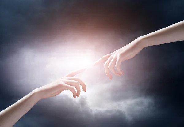 Religion concept. finger touching the magic sky — Stock Photo, Image