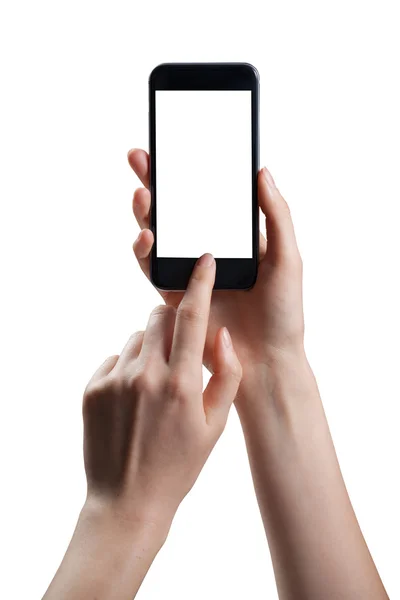 Жіноча рука тримає смартфон ізольовано на білому тлі дотепності — стокове фото