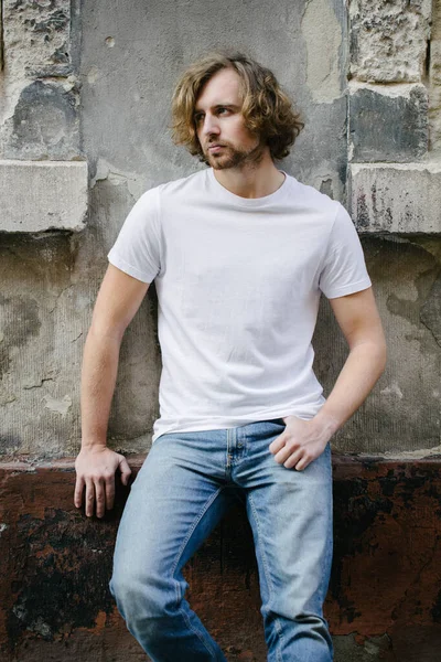 Hipster Handsome Male Model Wearing White Blank Shirt Space Your — Stock Photo, Image