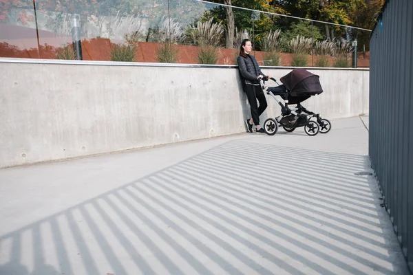 Madre Con Cochecito Cochecito Las Calles Modernas Ciudad Caminando Relajándose —  Fotos de Stock